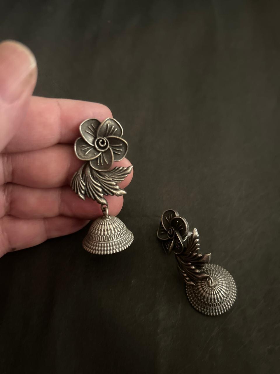 D'MAYE German Silver Floral Jhumka Earrings