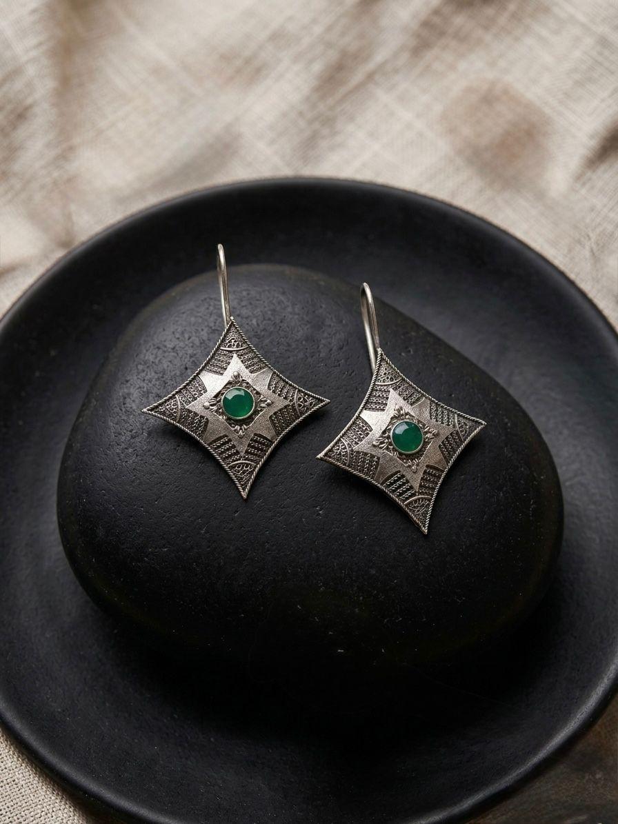 D'MAYE German  Silver Geometric Earrings with coloured Stone