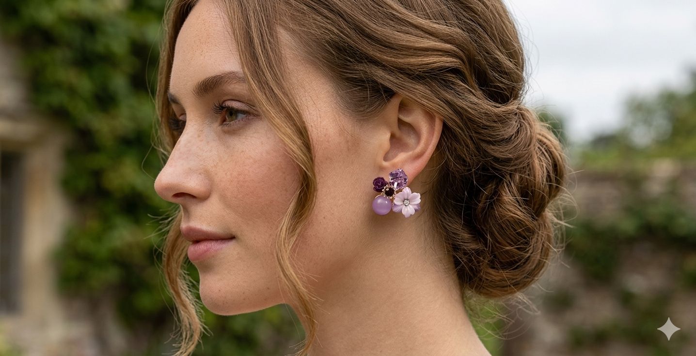 Purple Floral Drop Earrings with Crystal & Pearl Beads/D'MAYE