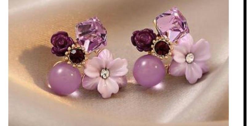 Purple Floral Drop Earrings with Crystal & Pearl Beads/D'MAYE