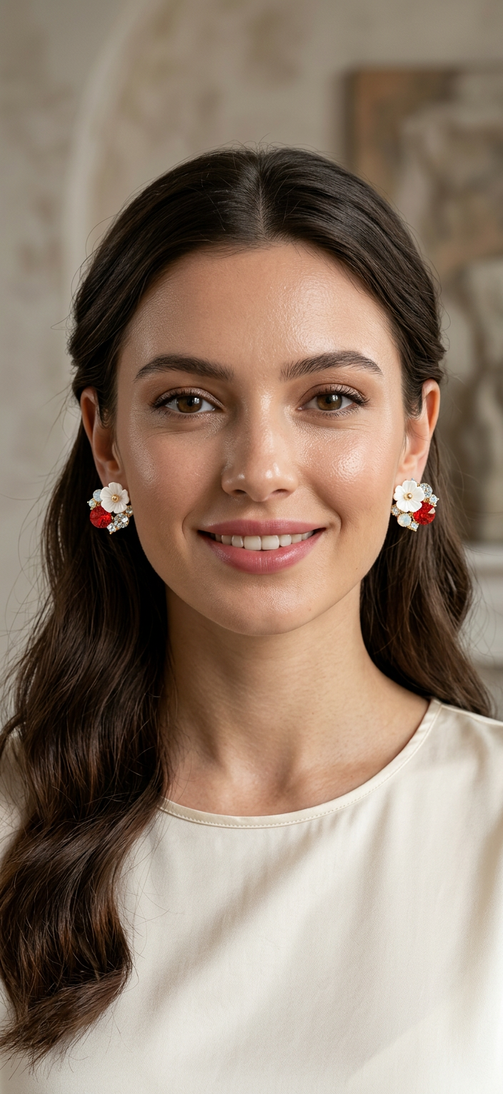 Floral Crystal Stud Earrings with Red Stone/D'MAYE