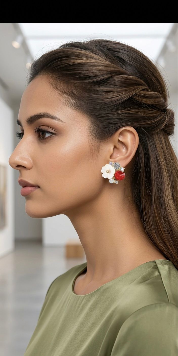 Floral Crystal Stud Earrings with Red Stone/D'MAYE