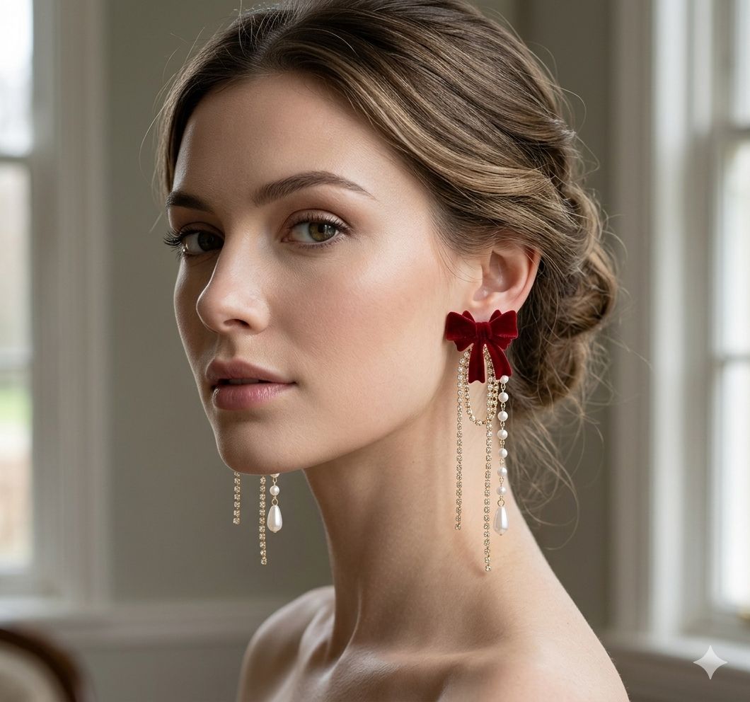 Red Velvet Bow Pearl Drop Earrings/D'MAYE