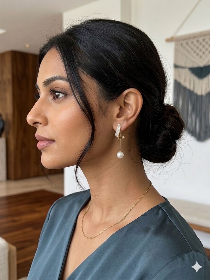 Gold Leaf Pearl Drop Earrings for Women/D'MAYE