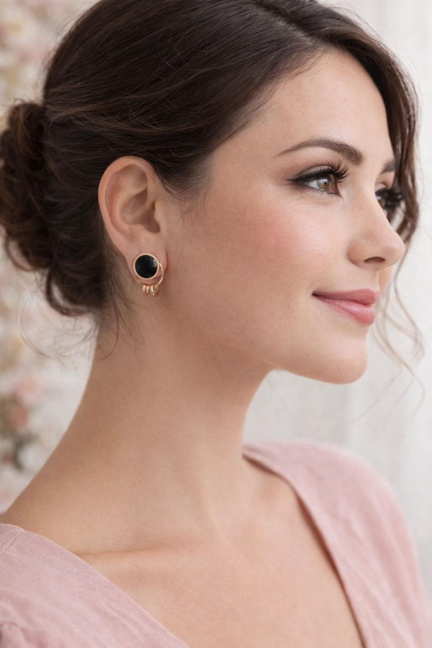D’MAYE Elegant Black Stone Stud Earrings in Gold Finish – Minimal Luxury Statement Earrings for Women/D'MAYE