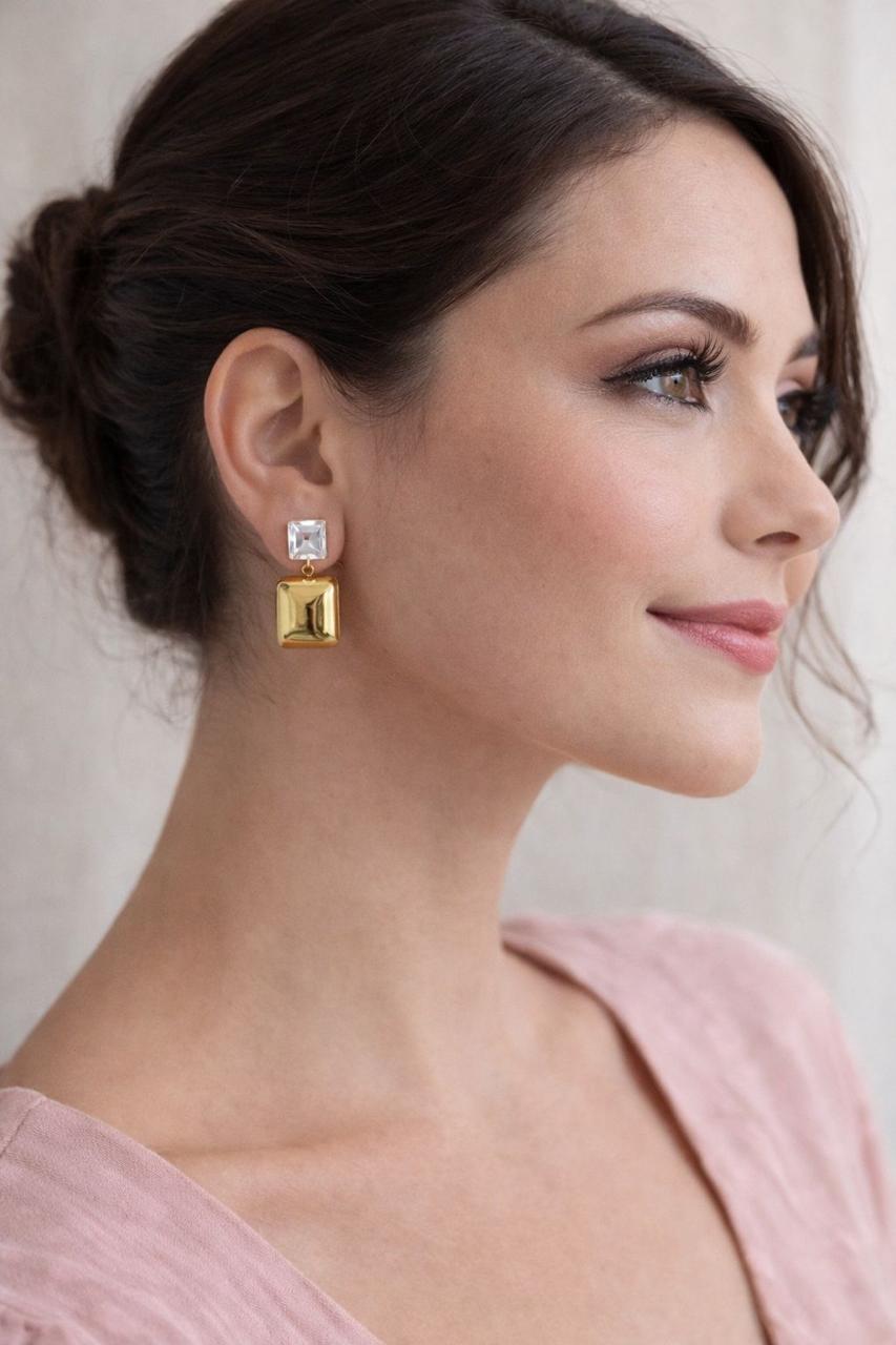Gold Square Drop Earrings with Crystal Stud | Minimal Luxury Statement Earrings for Women/D'MAYE