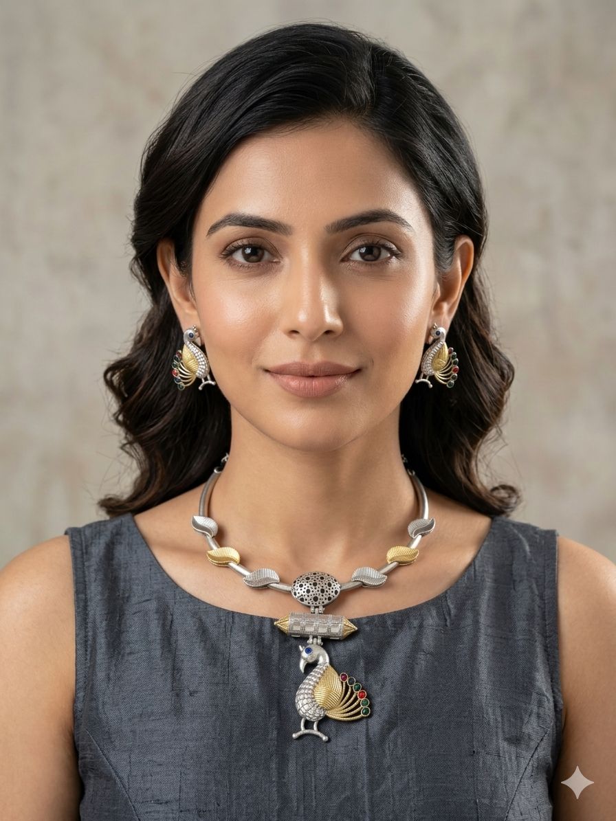 Oxidised Silver Peacock Necklace Set with Earrings | Ethnic Statement Jewellery | D’MAYE