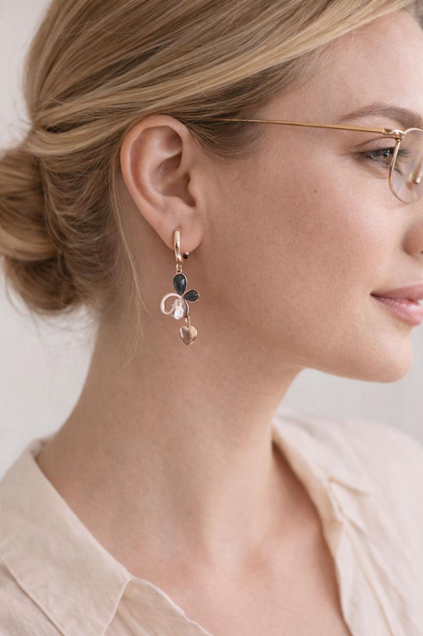 D’MAYE Gold Butterfly Charm Drop Earrings with Heart Accent – Elegant Minimal Statement Jewelry