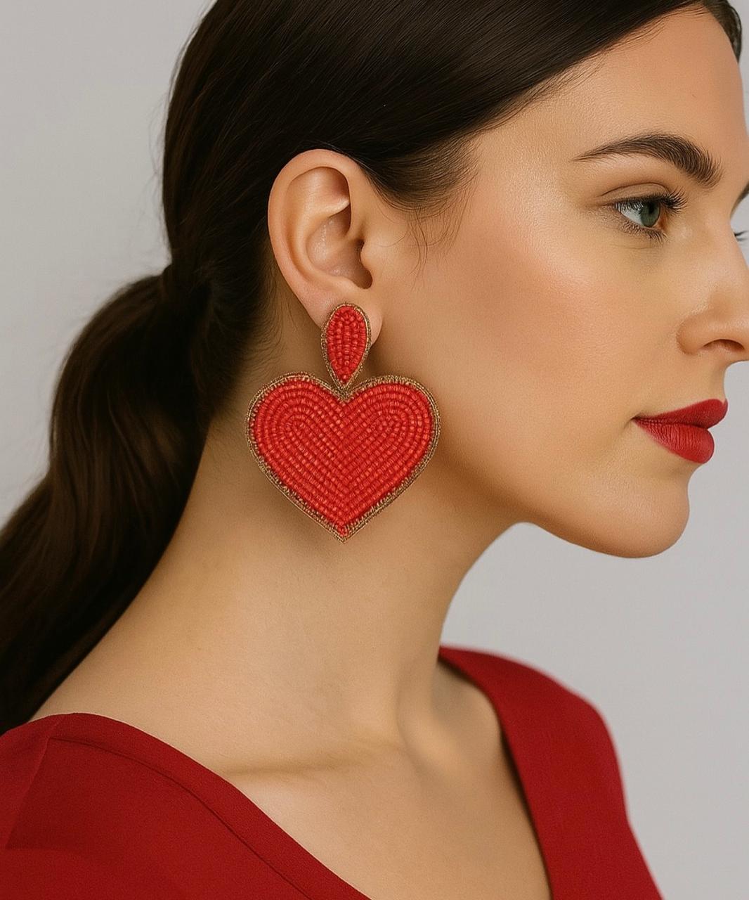 Red Heart Statement Earrings – Handcrafted Beaded Drop Earrings for Women/D'MAYE