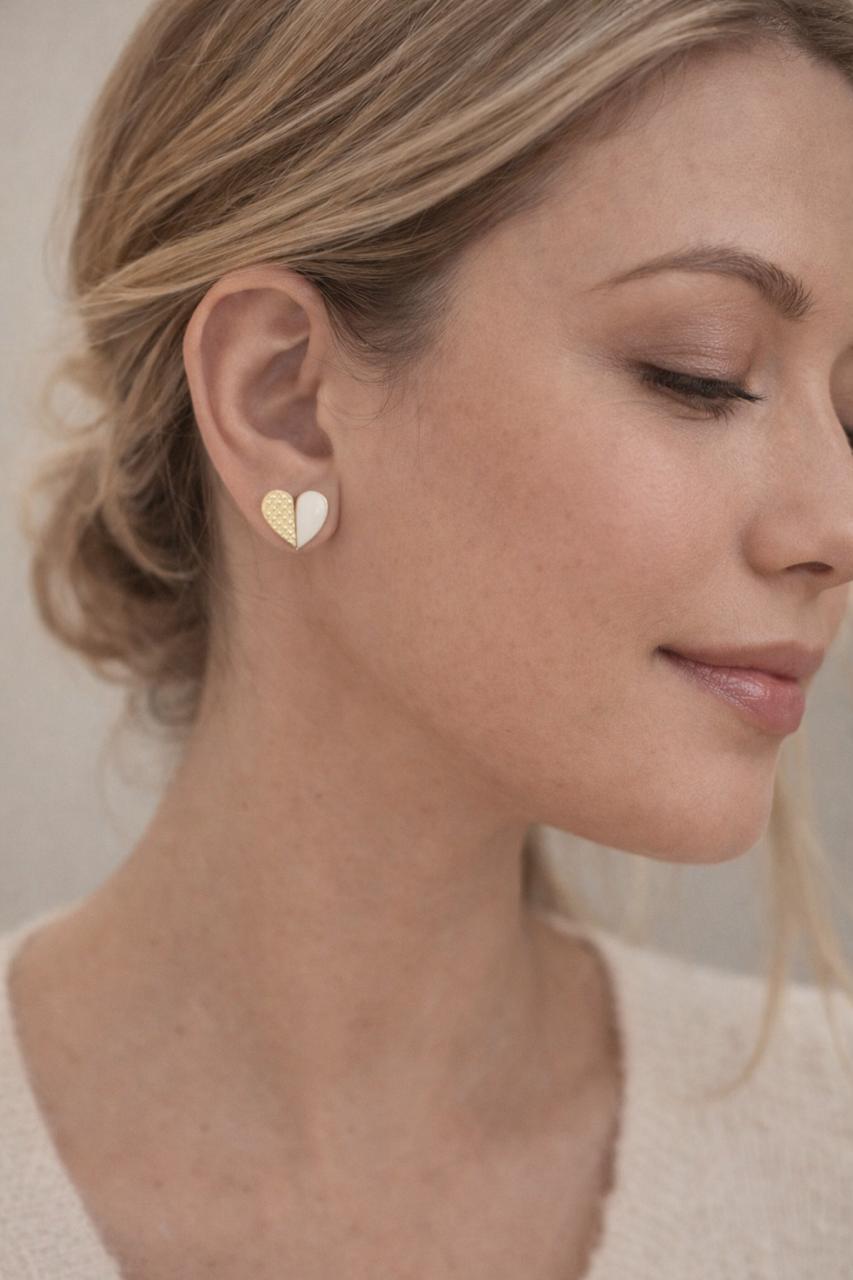Gold & Pearl Heart Stud Earrings – Minimal Romantic Dual Tone Earrings/D'MAYE