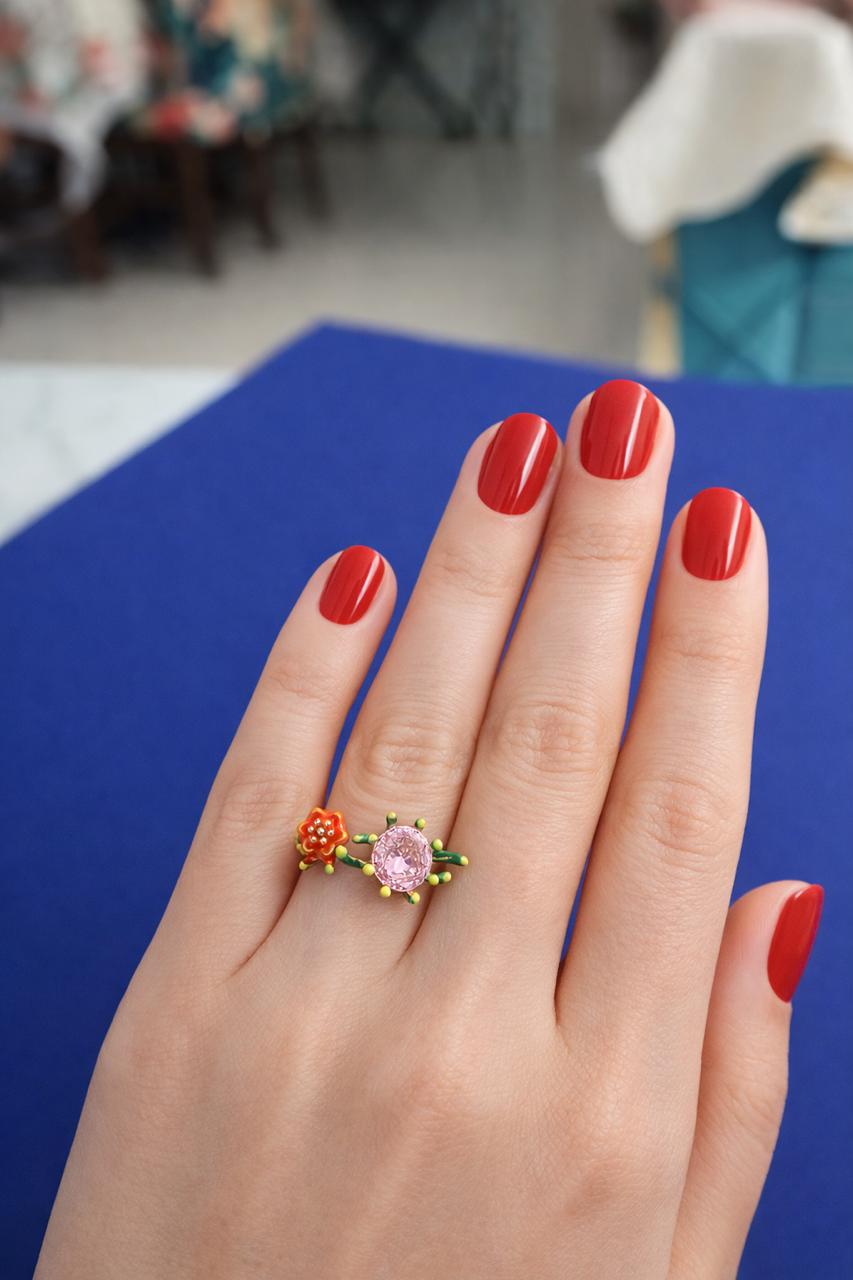 Floral Pink Stone Adjustable Ring for Women | Trendy Gold Enamel Statement Ring/D''MAYE