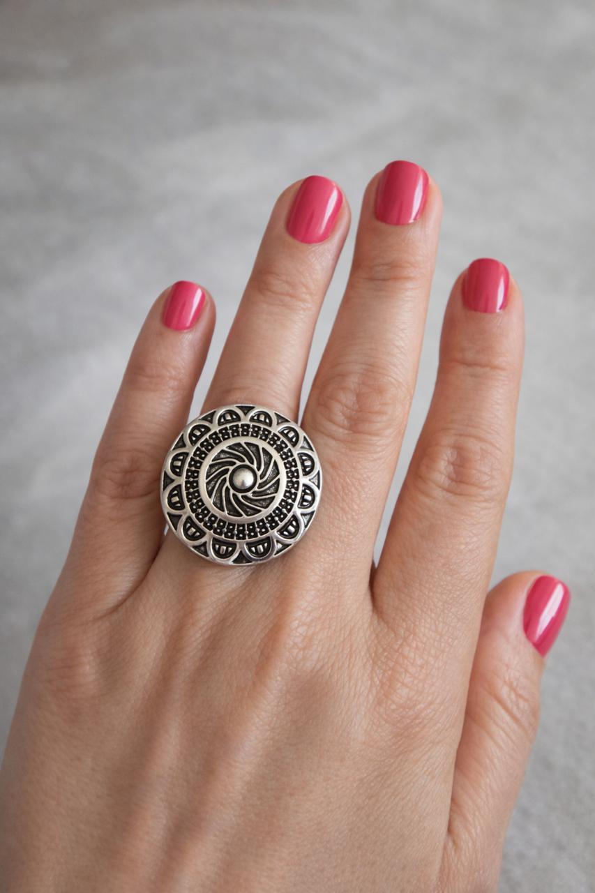 Vintage Spiral Statement Ring – Oxidized Silver Mandala Ring/D'MAYE