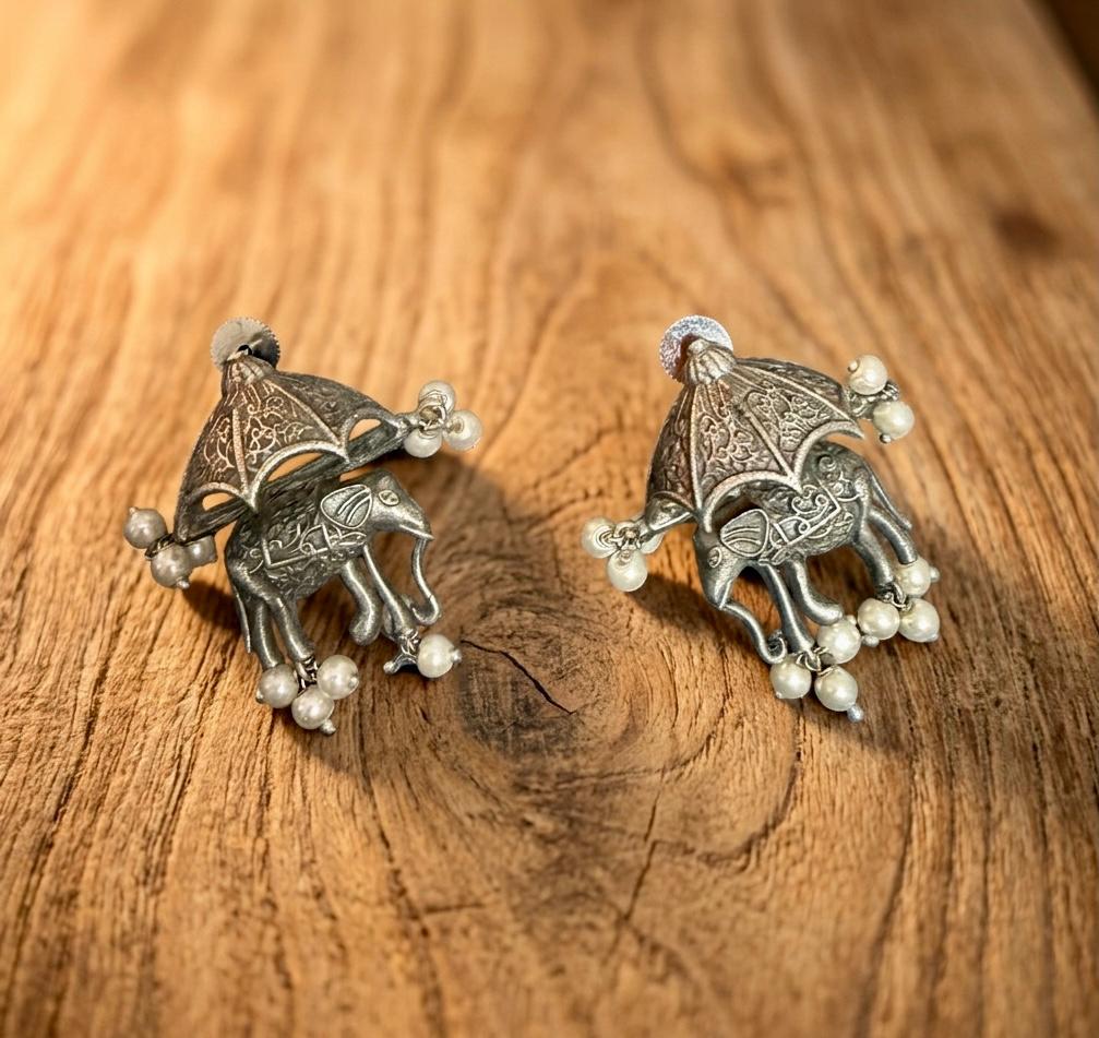 German Silver Elephant Pearl Drop Earrings – Ethnic Statement