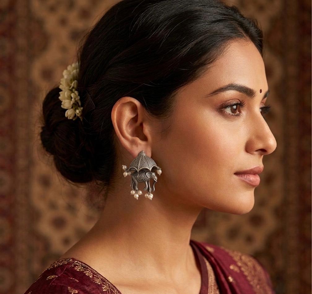 German Silver Elephant Pearl Drop Earrings – Ethnic Statement