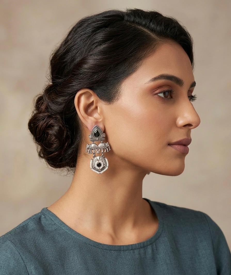 German silver Elephant Black Stone Earrings – Statement Ethnic Design