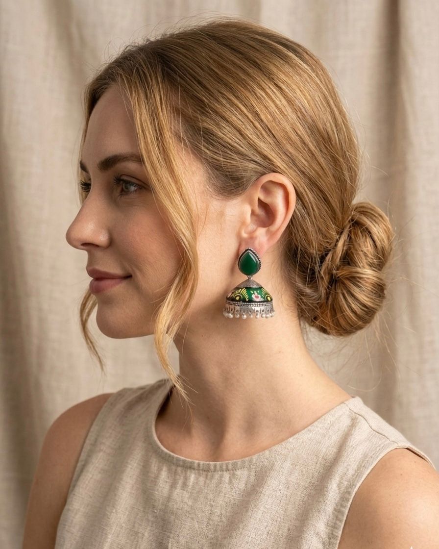 Green Floral Jhumka Earrings with Pearl Drops/D'MAYE