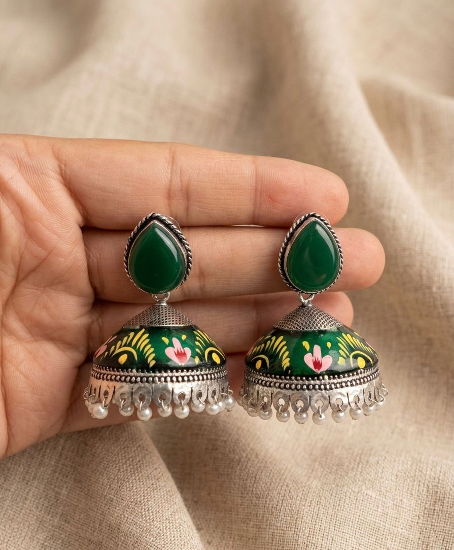Green Floral Jhumka Earrings with Pearl Drops/D'MAYE