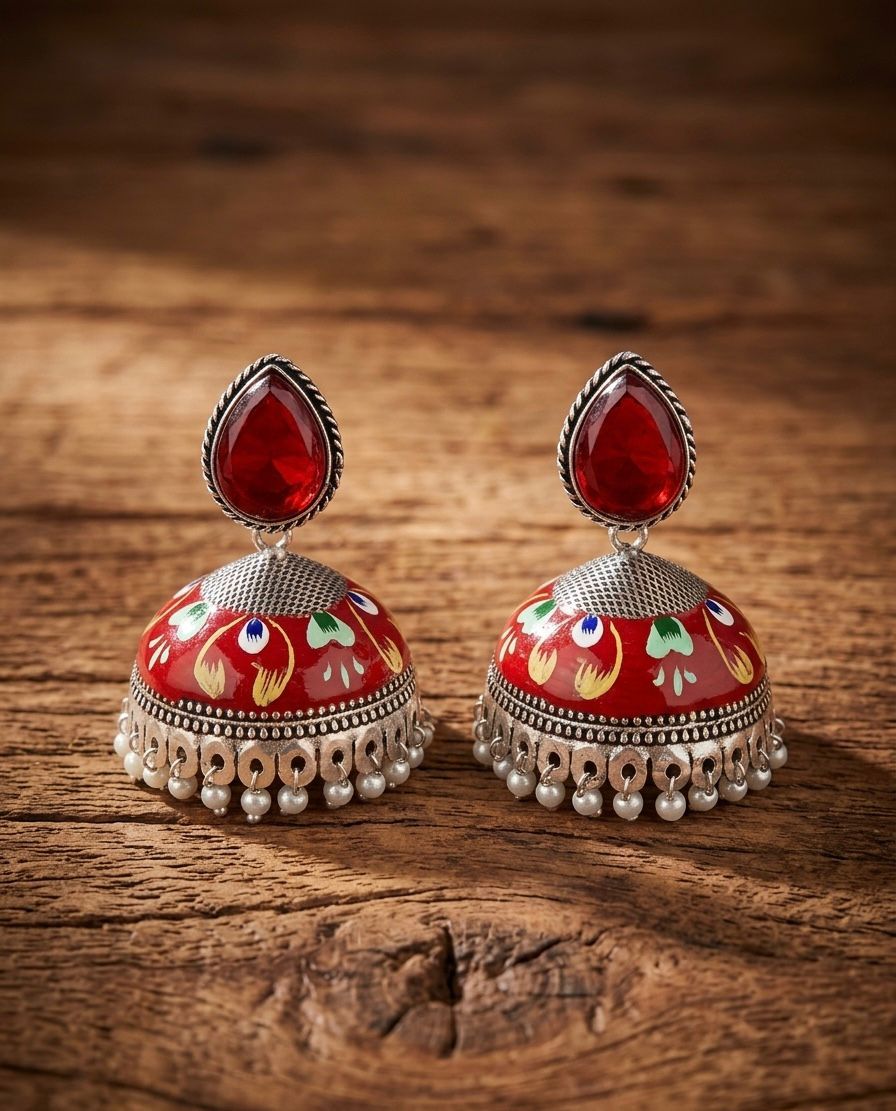 Red  Floral Jhumka Earrings with Pearl Drops/D'MAYE
