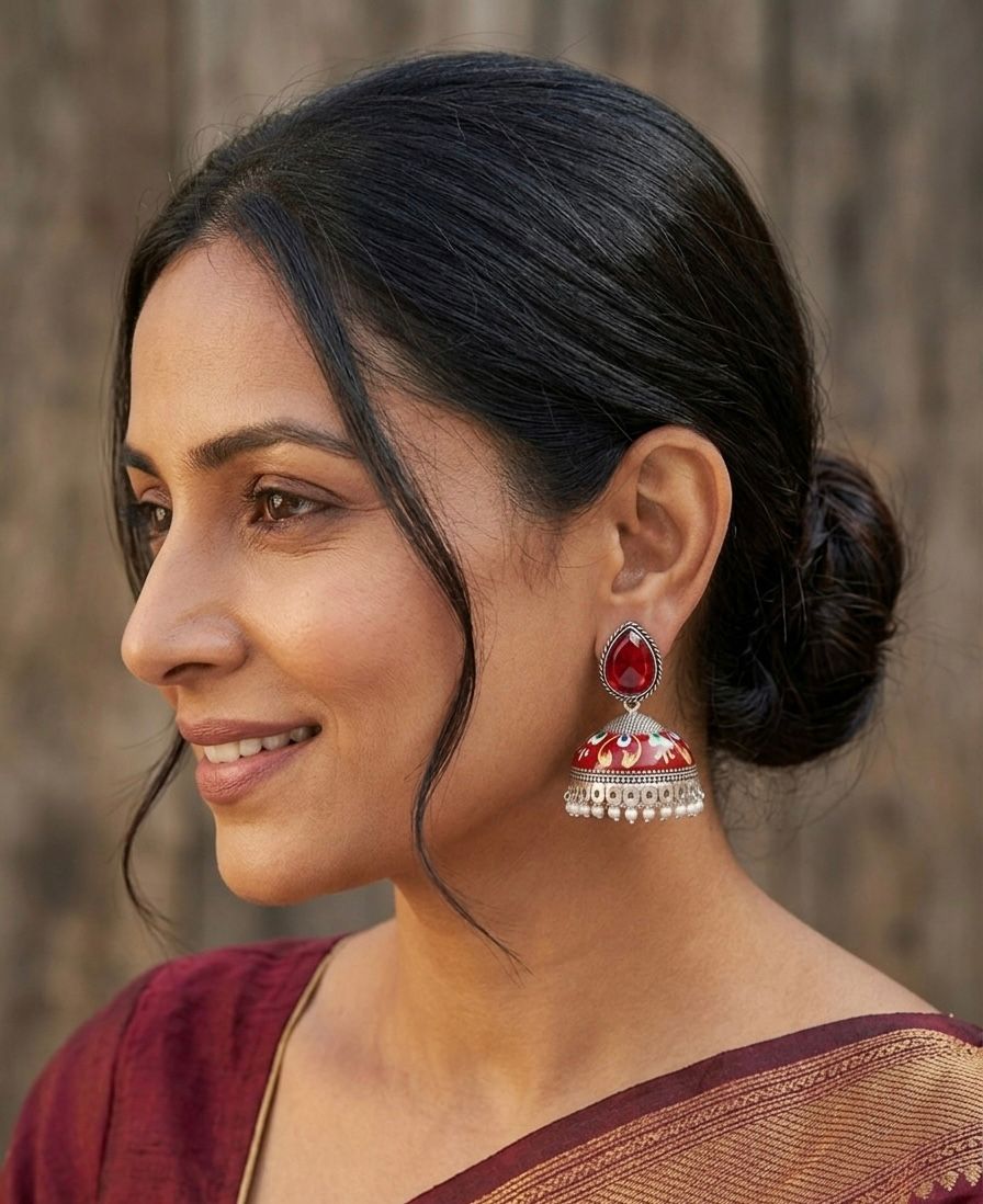Red  Floral Jhumka Earrings with Pearl Drops/D'MAYE