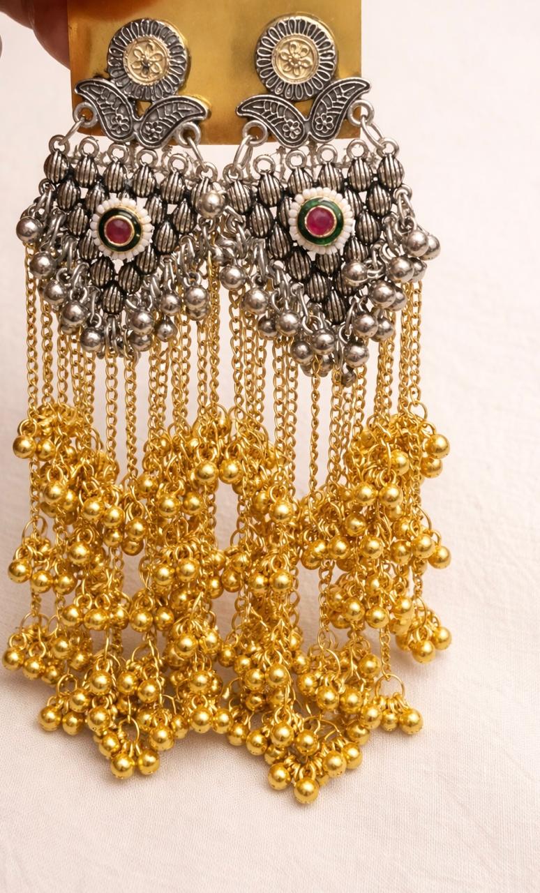 Oxidized Silver & Gold Long Jhumka Earrings with red Stone | Statement Ethnic Earrings for Women/D'MAYE