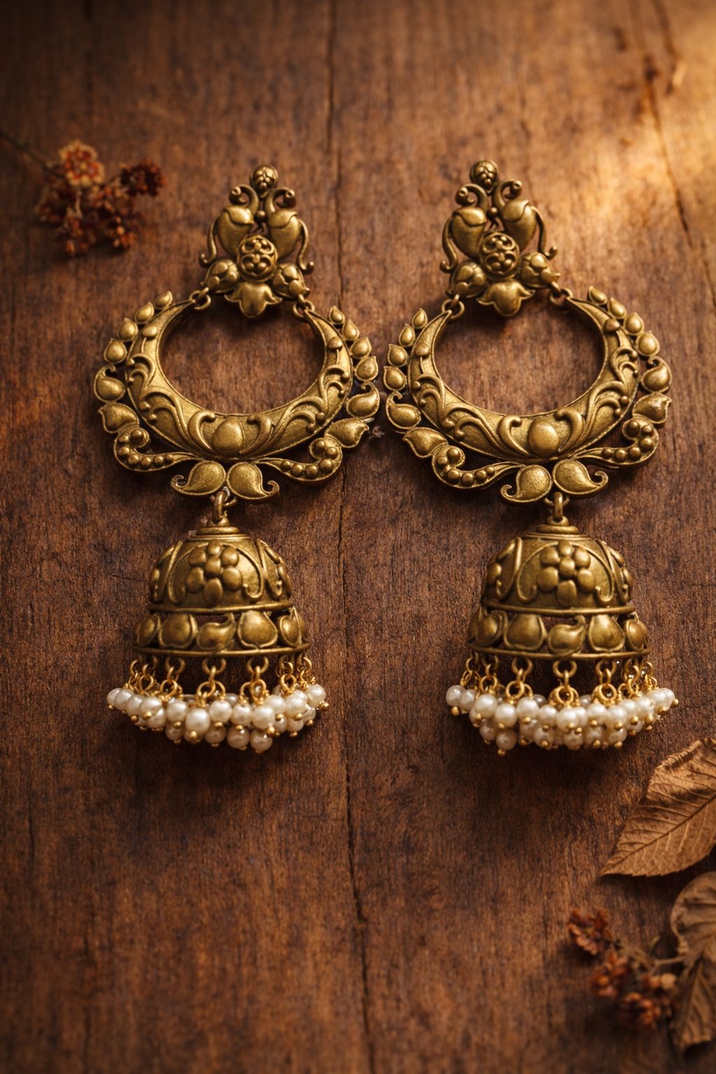 Antique Gold Peacock Jhumka Earrings with Pearl Drops | Traditional Ethnic Earrings for Women/D'MAYE