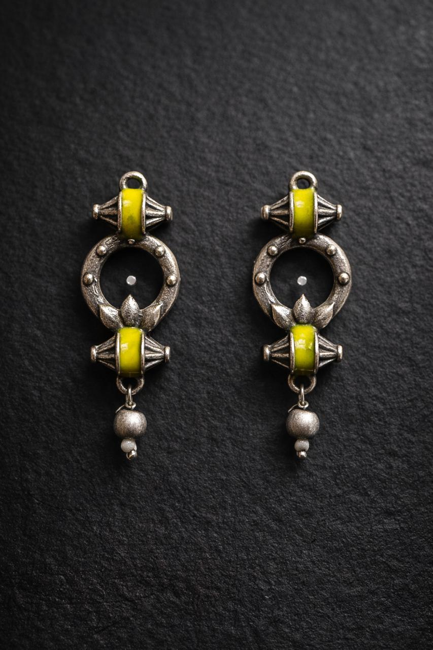 German Silver Small Earrings with Yellow Accent | Minimal Ethnic Earrings for Women/D'MAYE