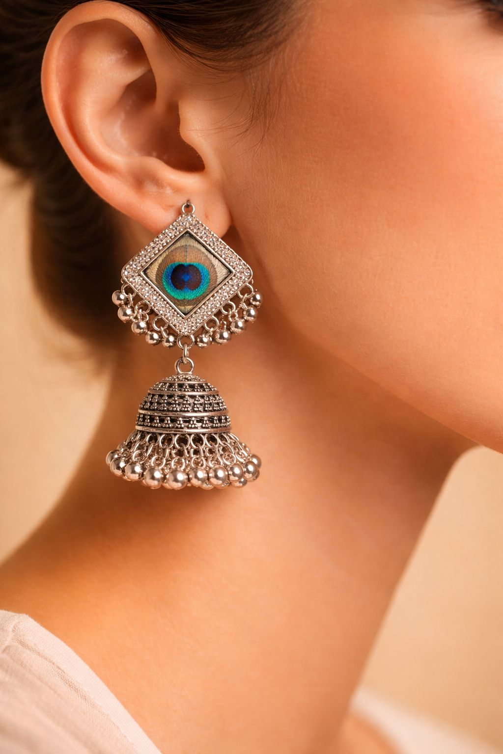 Oxidized Silver Peacock Jhumka Earrings for Women | Ethnic Statement Jewelry/D'MAYE