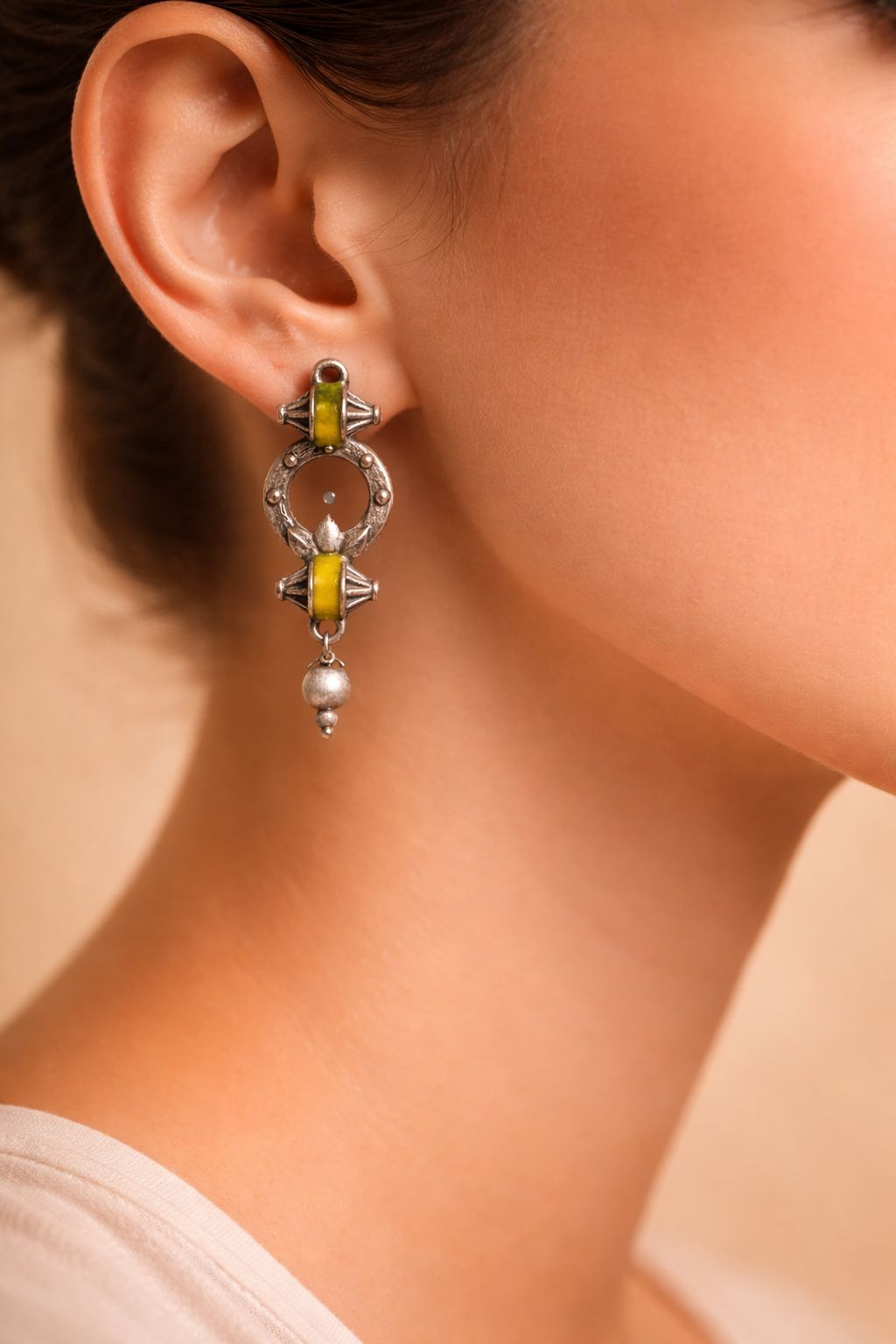 German Silver Small Earrings with Yellow Accent | Minimal Ethnic Earrings for Women/D'MAYE