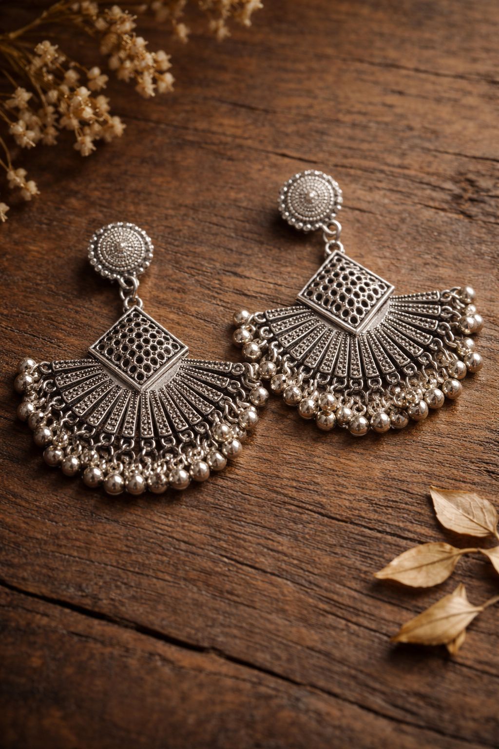 Oxidized Silver Fan Earrings for Women | Ethnic Statement Jewelry/D'MAYE
