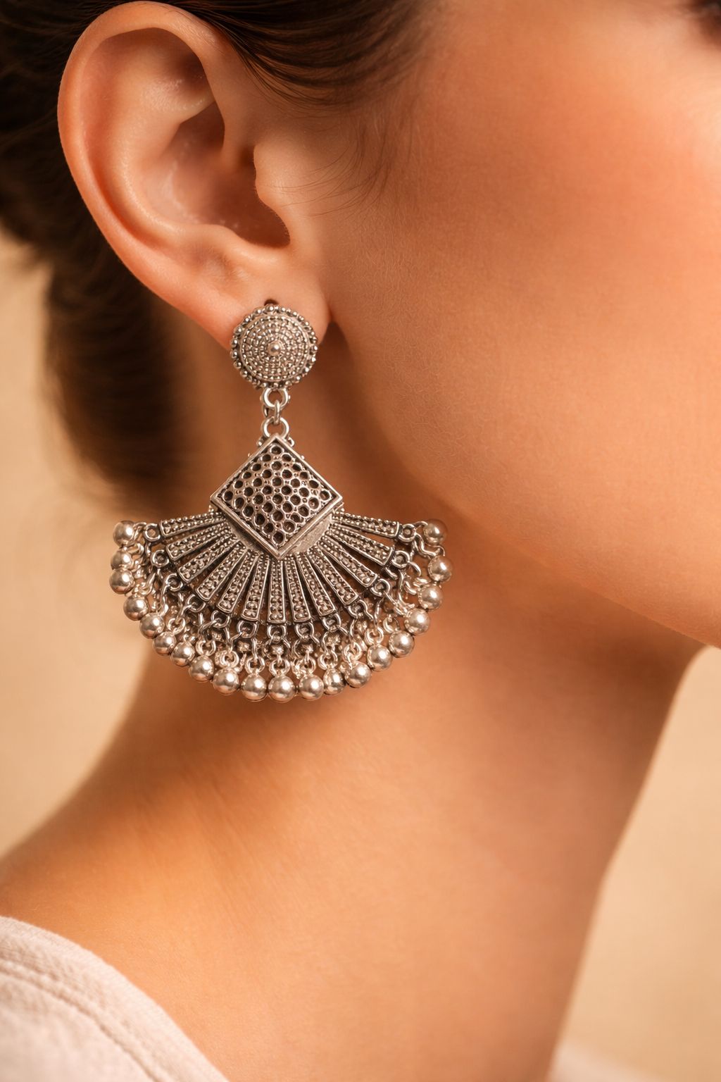 Oxidized Silver Fan Earrings for Women | Ethnic Statement Jewelry/D'MAYE