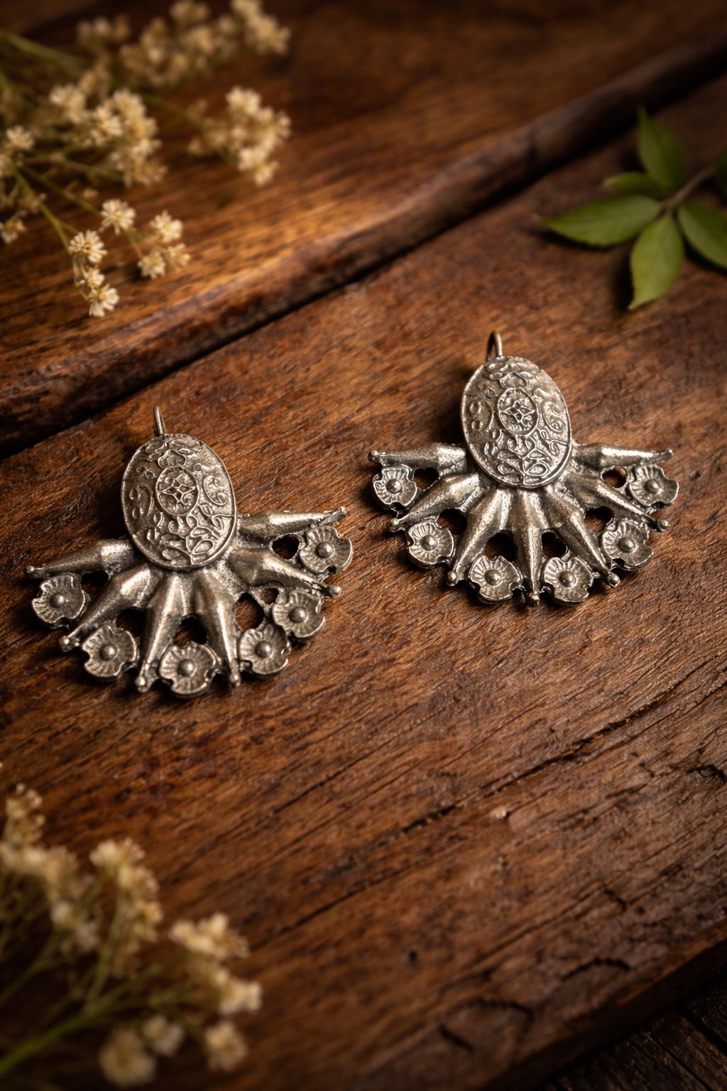 German Silver Floral Fan Earrings for Women