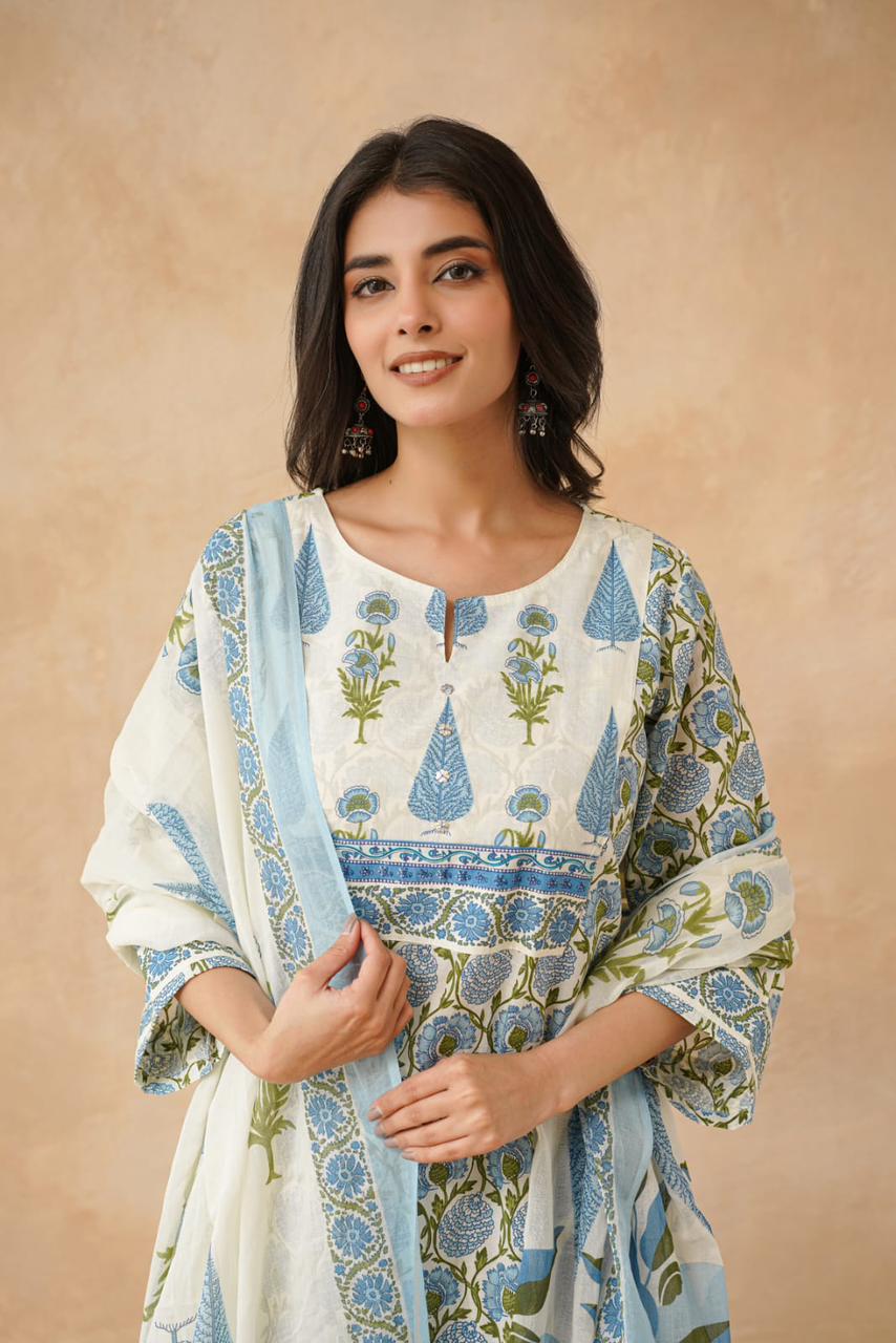 Women’s Blue Floral Printed Cotton Kurta Set with Dupatta (3-Piece)/D'MAYE