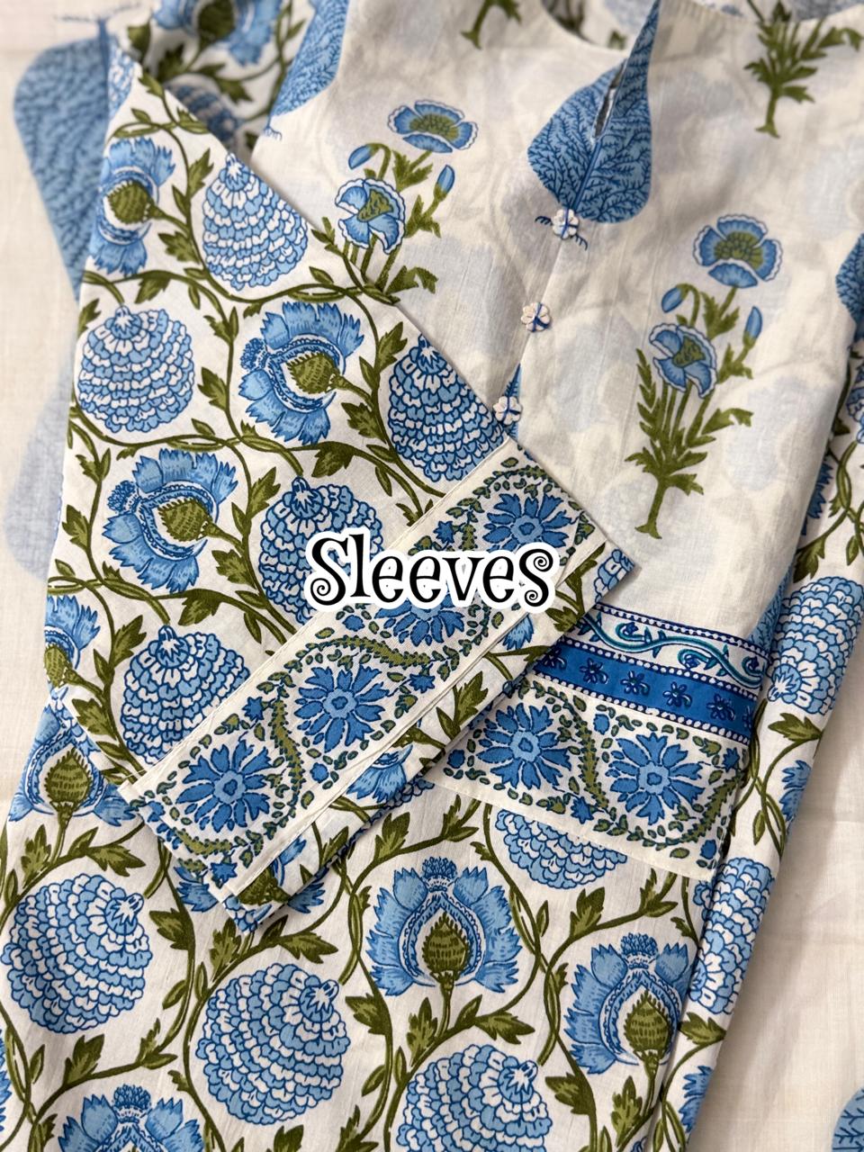 Women’s Blue Floral Printed Cotton Kurta Set with Dupatta (3-Piece)/D'MAYE