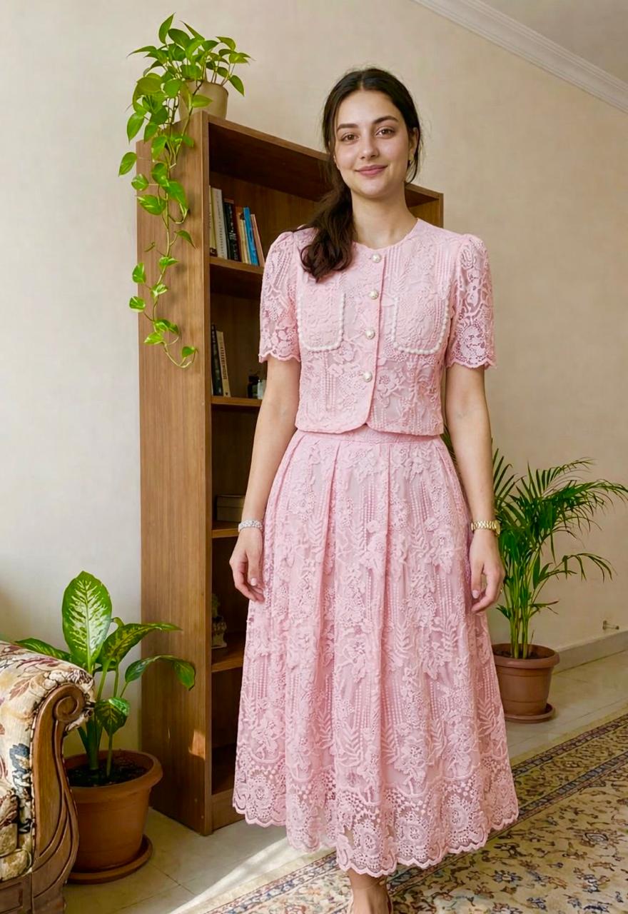 D’MAYE Elegant Blush Pink Lace Co-Ord Dress Set