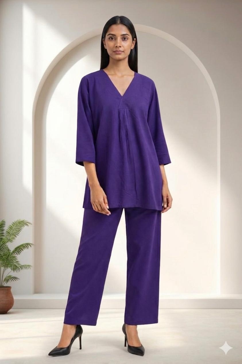 DMAYE Royal Purple V-Neck Kurta Pant Set