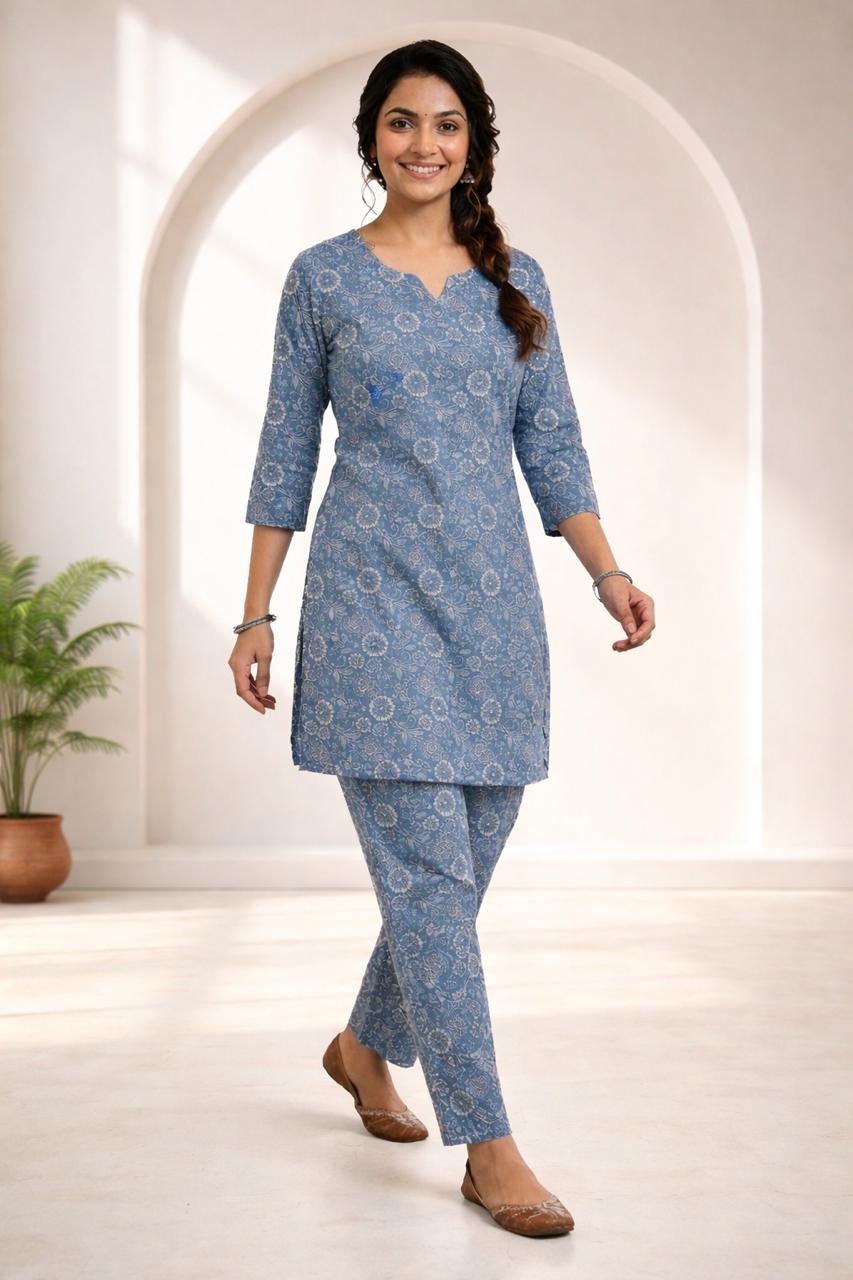 Grey Floral Printed Kurti Set for Women/D'MAYE