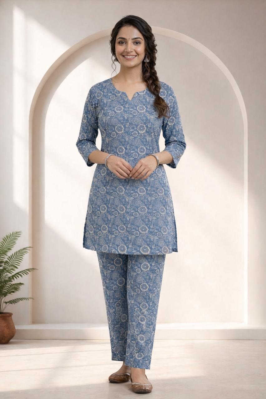 Grey Floral Printed Kurti Set for Women/D'MAYE