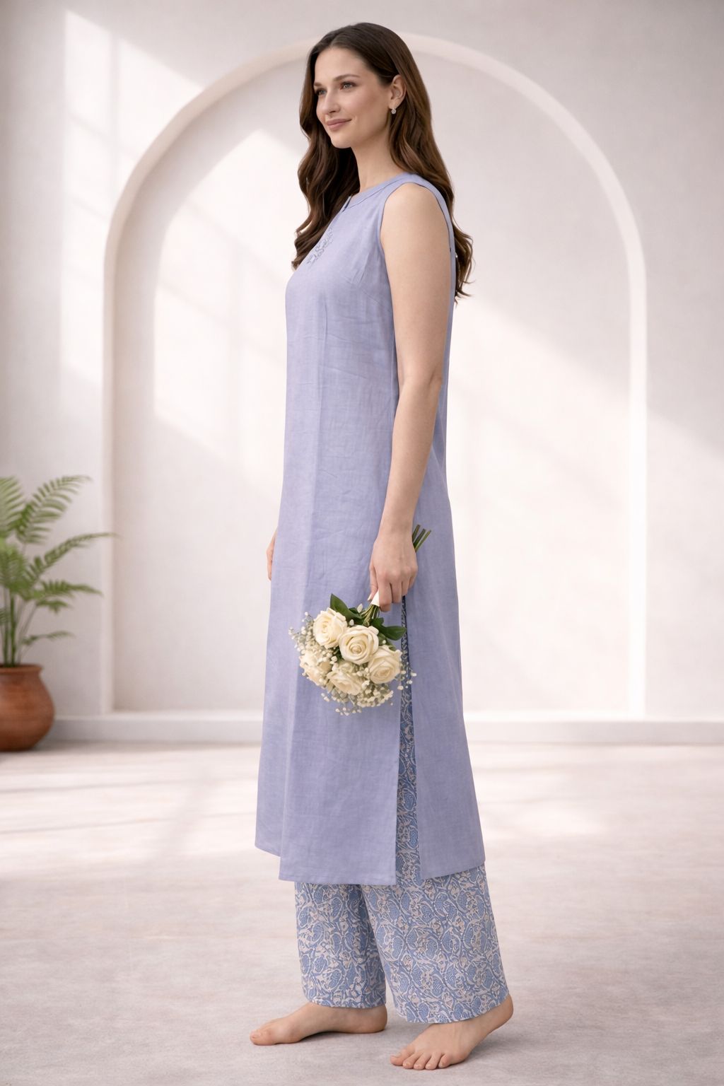 D'MAYE Lavender Cotton Co ord set – Sleeveless Kurta with Printed Palazzo