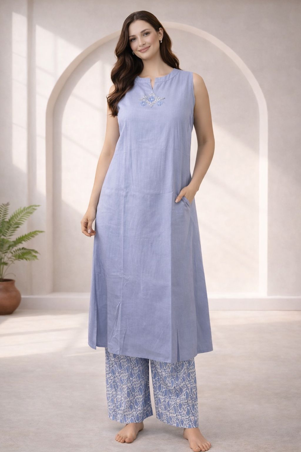 D'MAYE Lavender Cotton Co ord set – Sleeveless Kurta with Printed Palazzo