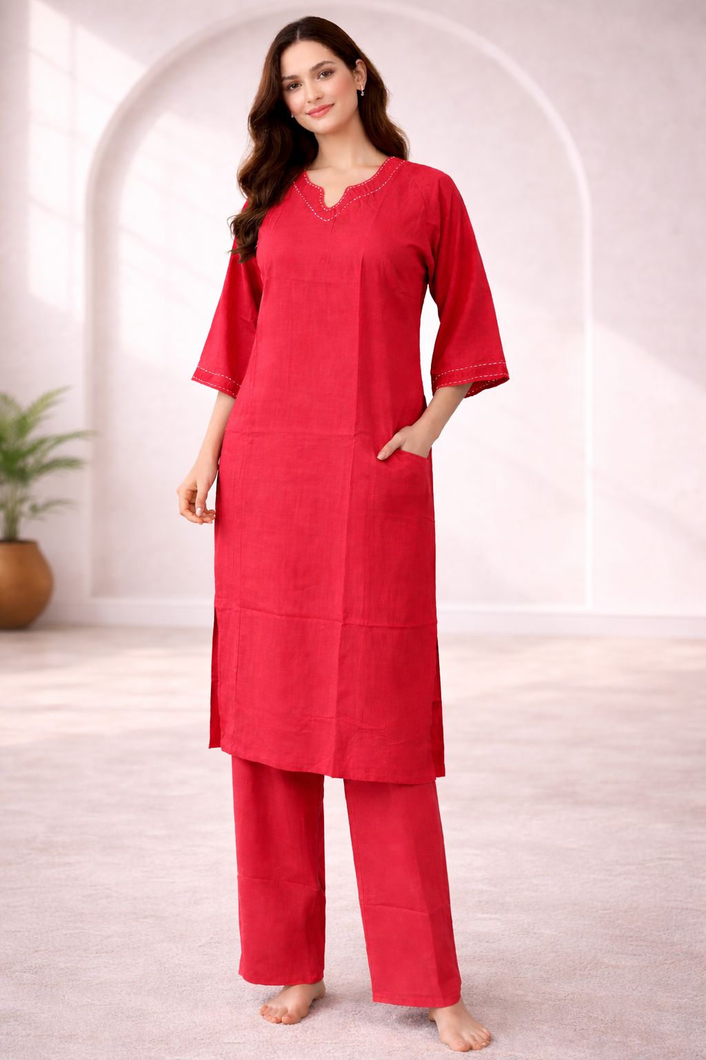 D'MAYE Coral Red Comfort Kurta & Palazzo Set