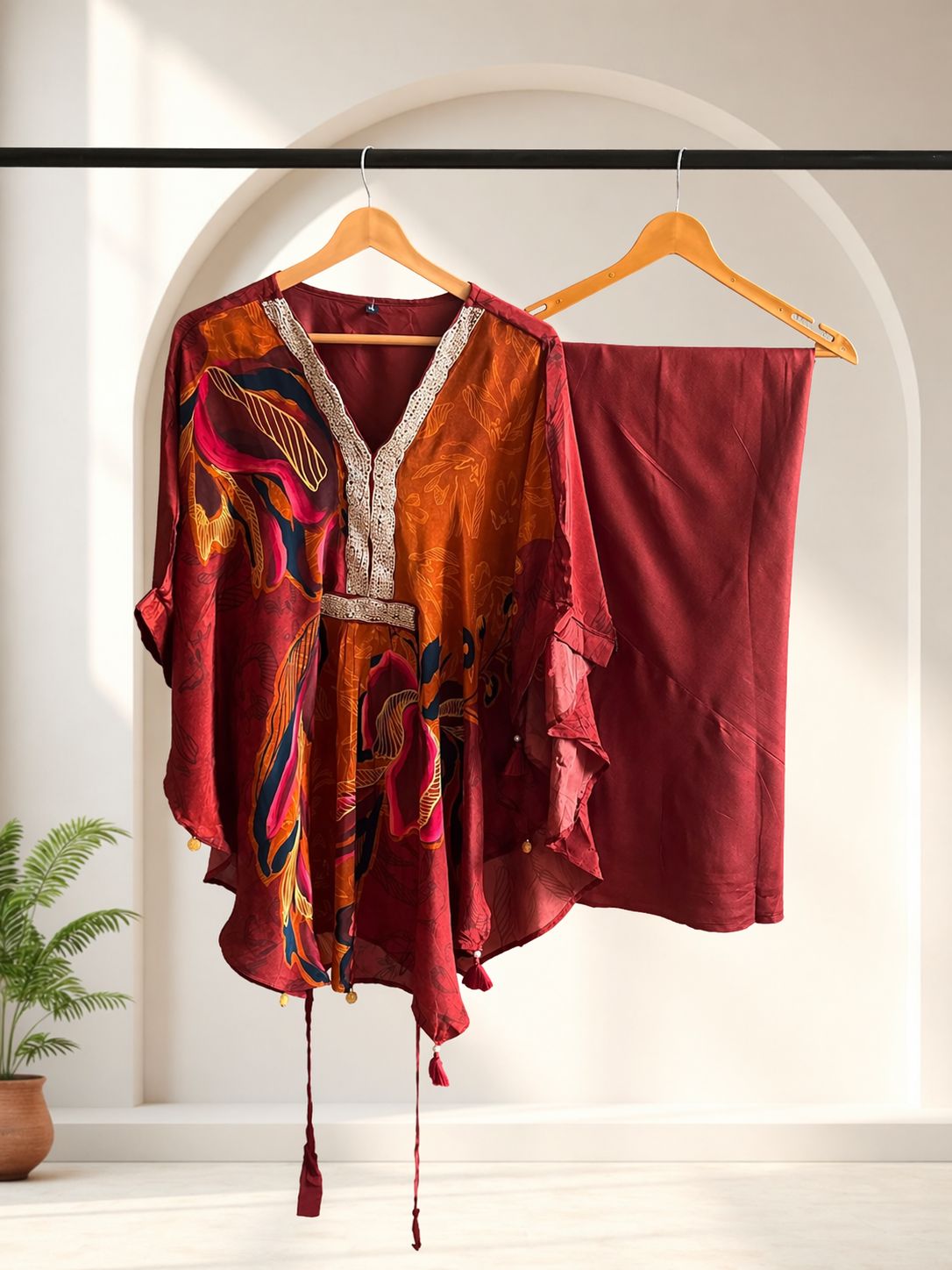 D'MAYE Wine red printed party wear Kaftan coord set