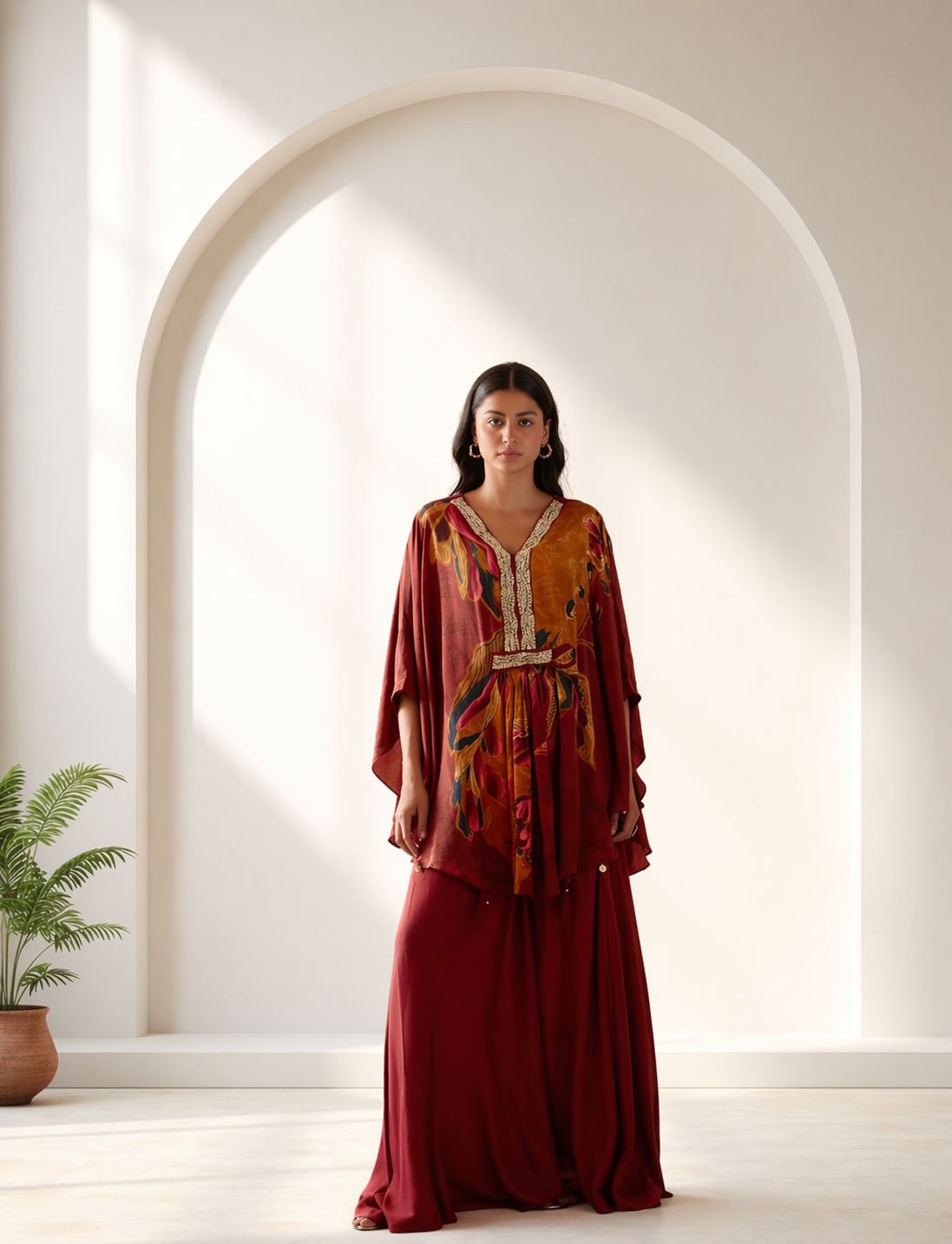 D'MAYE Wine red printed party wear Kaftan coord set