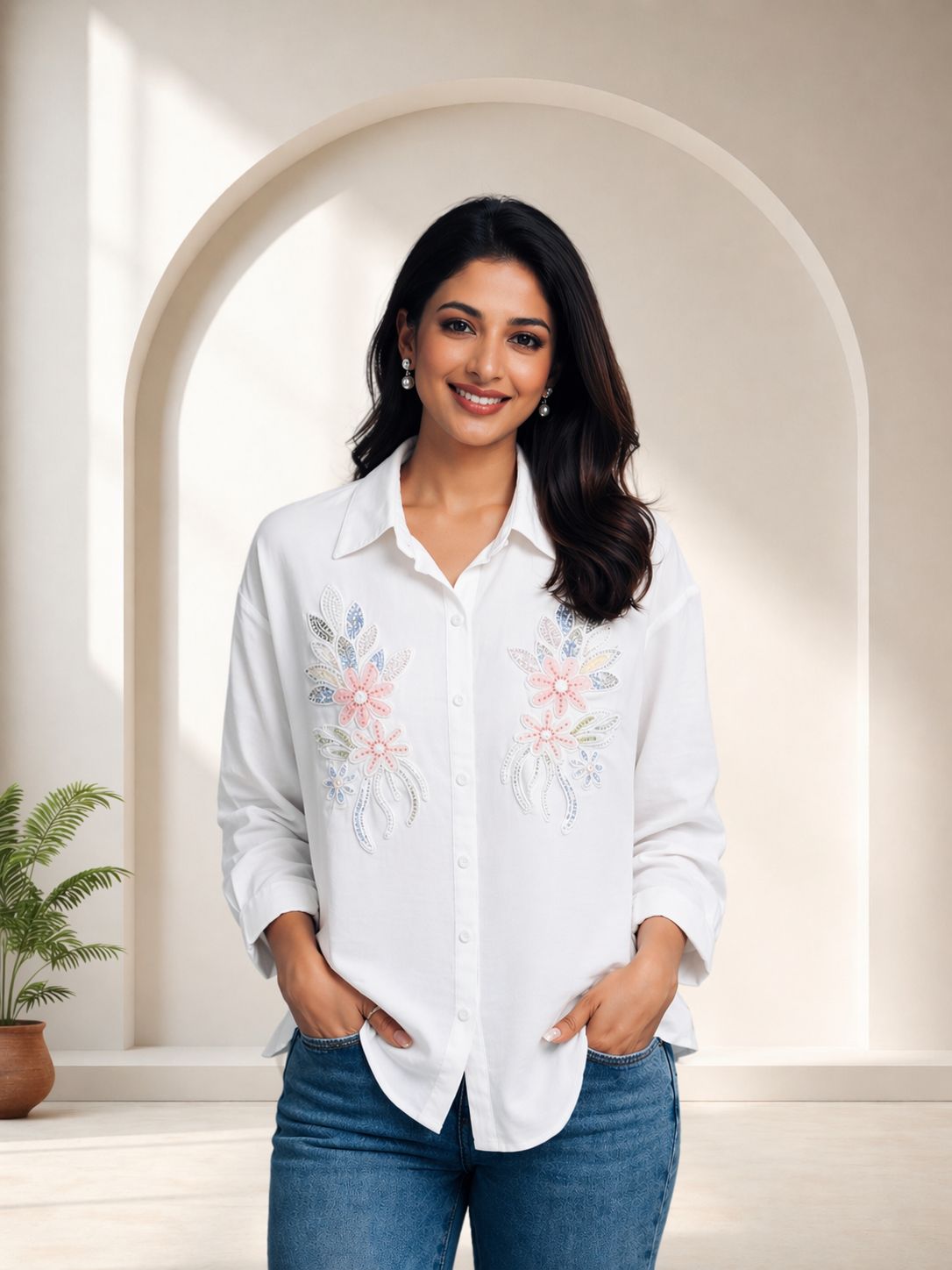 Women’s Linen White Embroidered Shirt