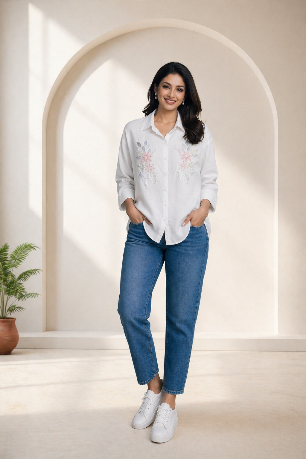 Women’s Linen White Embroidered Shirt