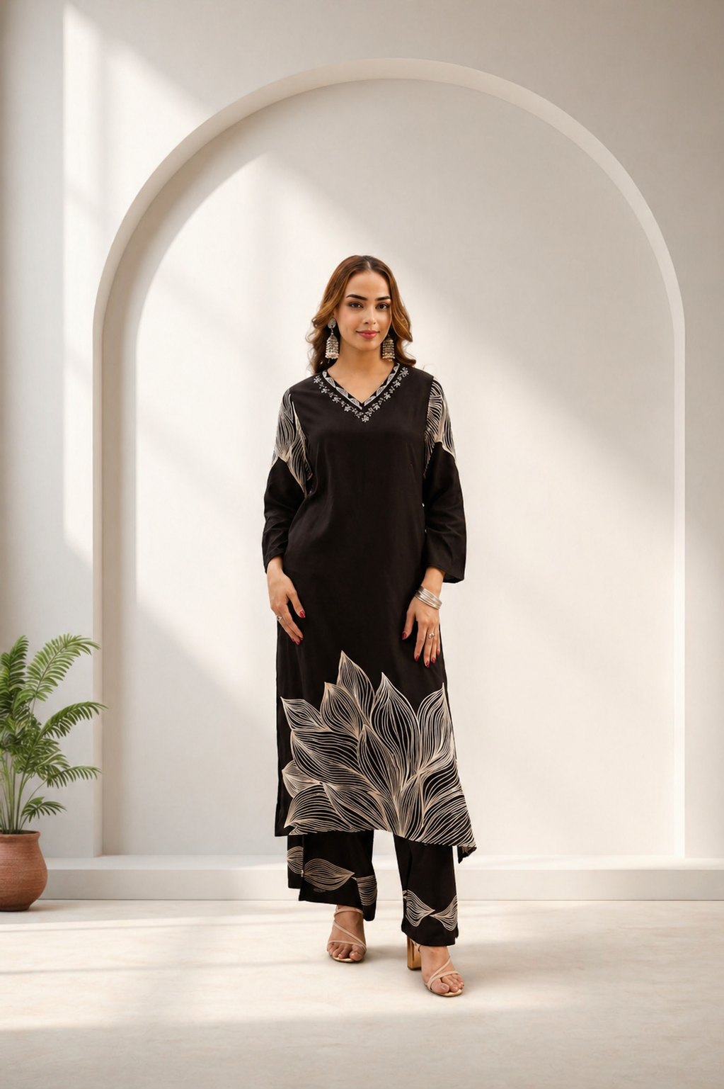 D'MAYE Black Printed Kurta Pant Set for Women