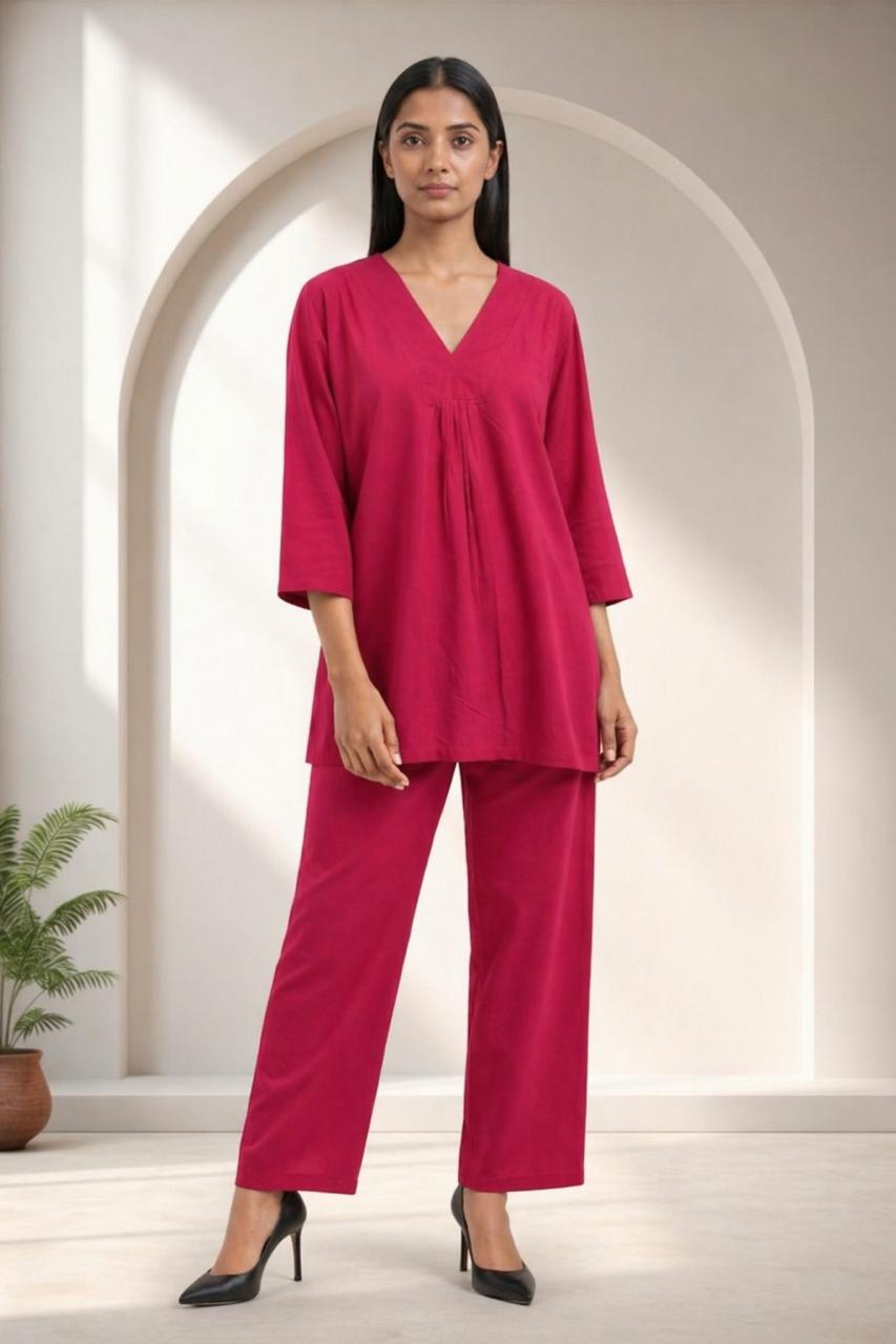 DMAYE Berry Pink V-Neck Kurta Pant Set