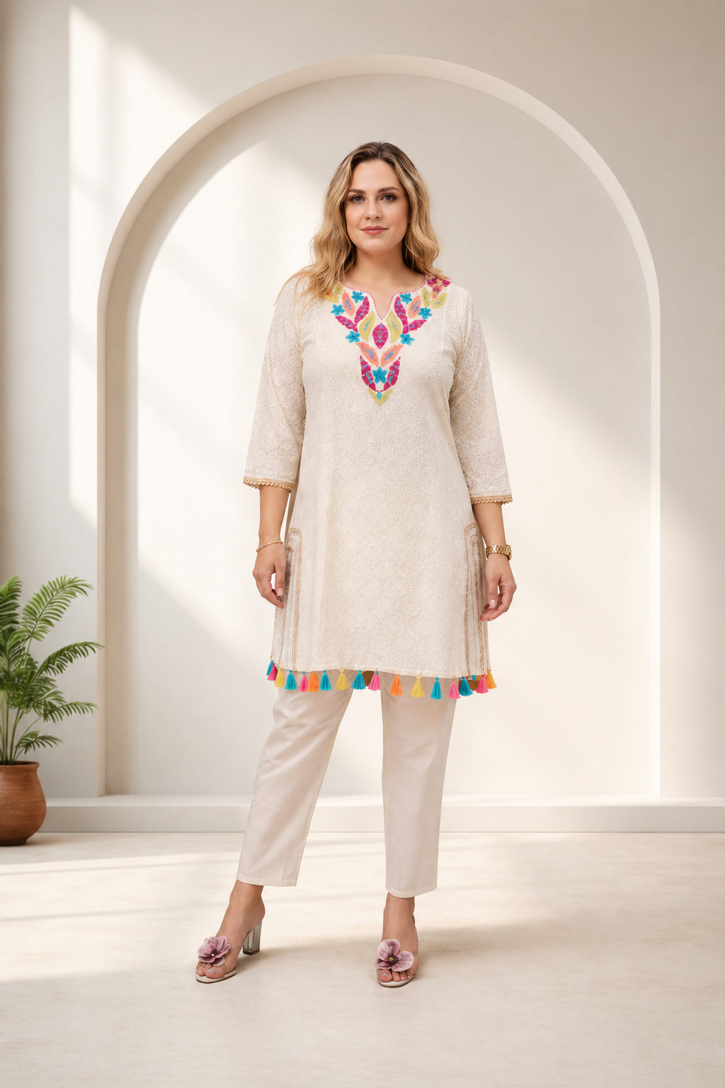D'MAYE Ivory Embroidered Kurta Pant Set with Tassel Hem