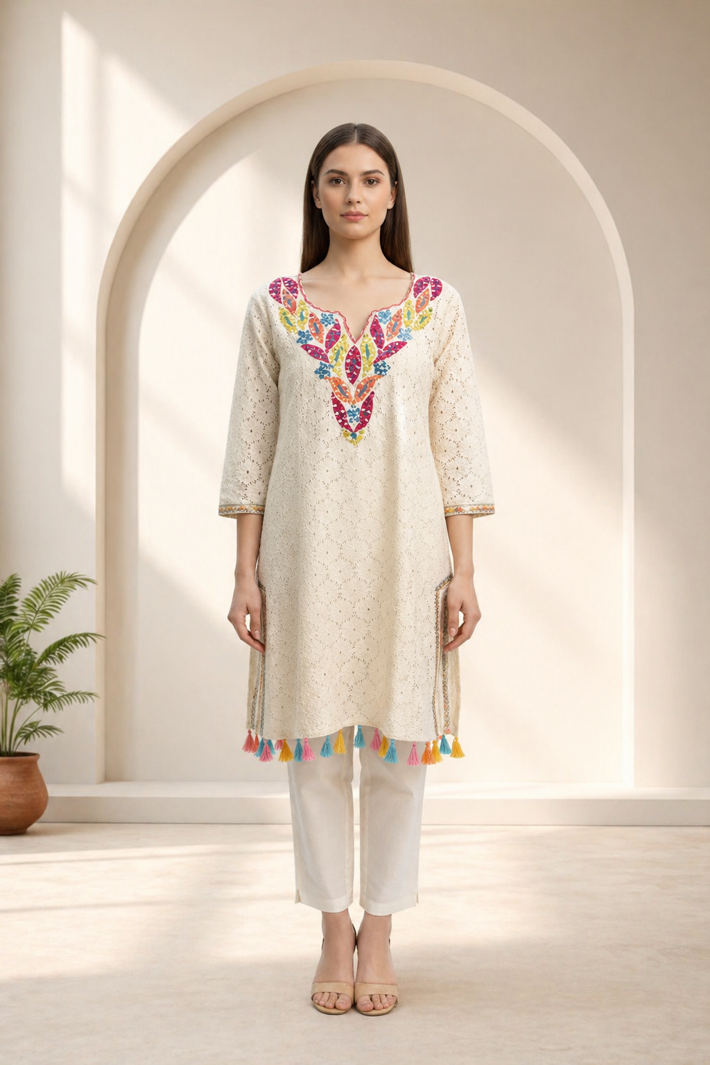 D'MAYE Ivory Embroidered Kurta Pant Set with Tassel Hem