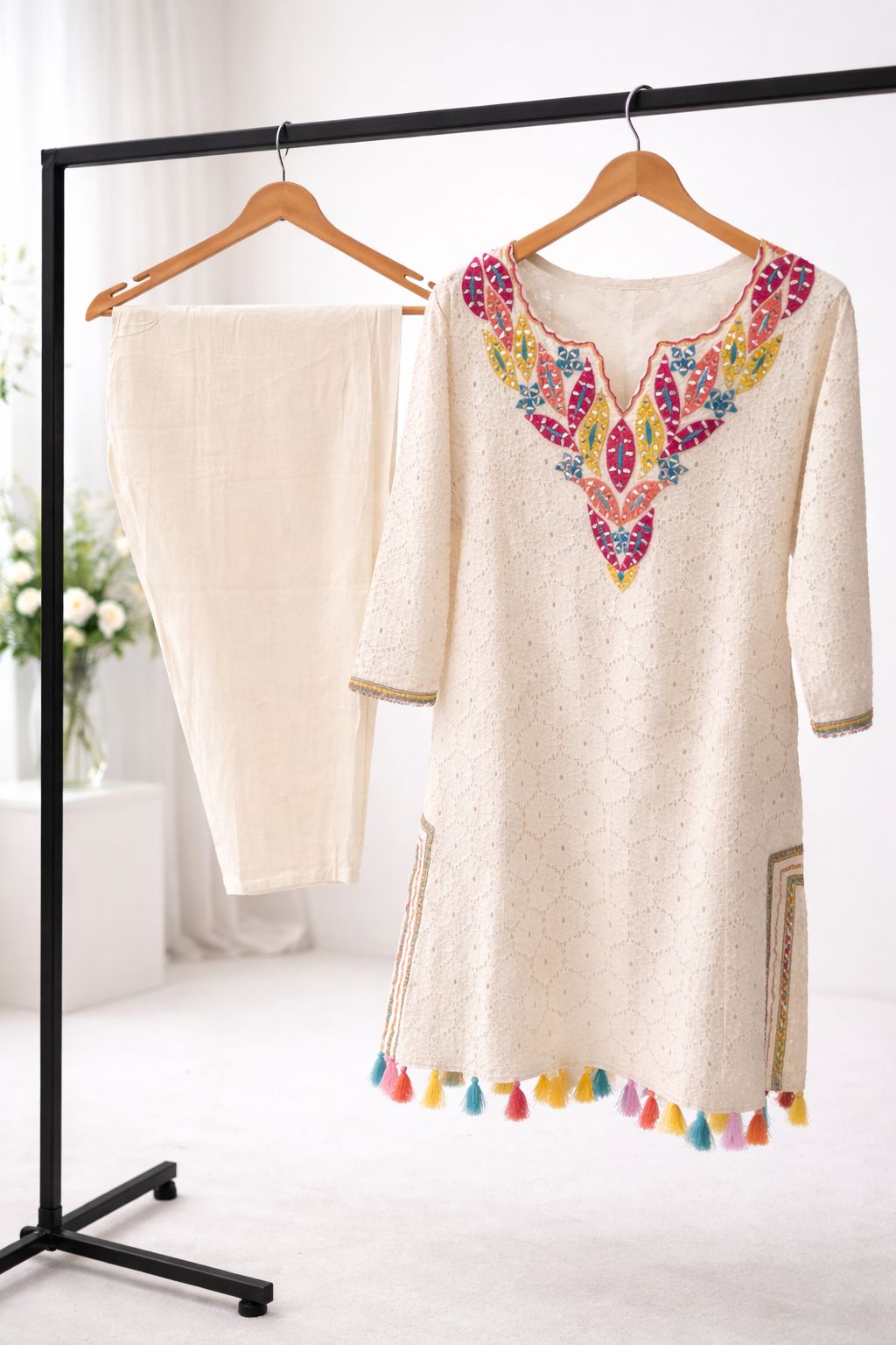 D'MAYE Ivory Embroidered Kurta Pant Set with Tassel Hem