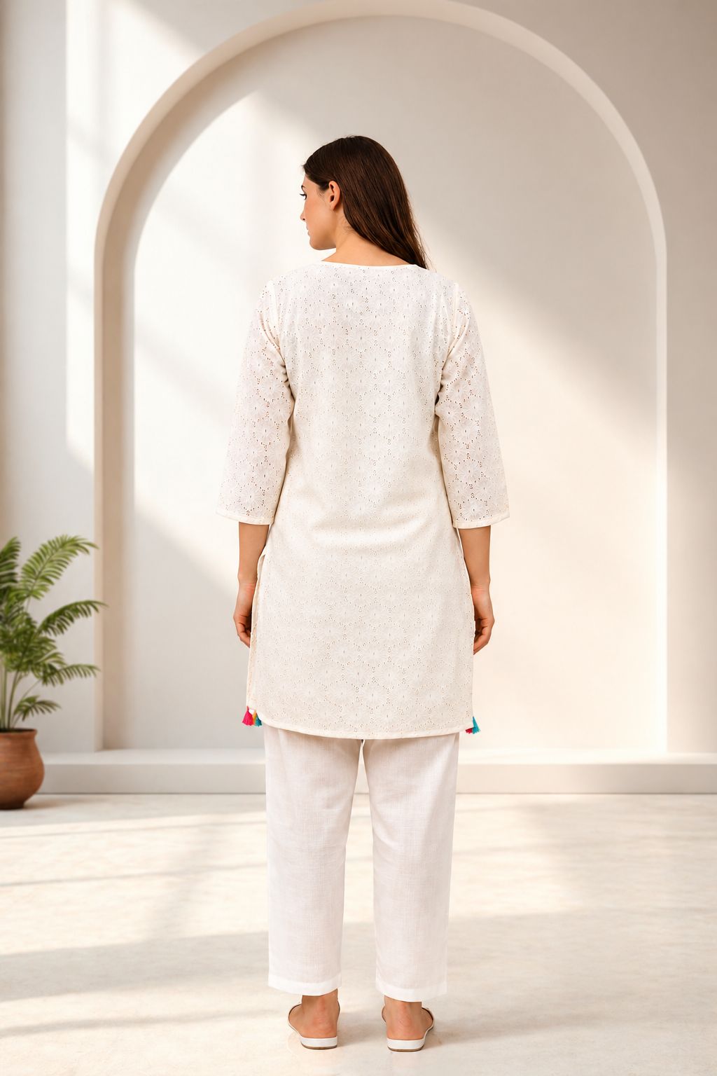 D'MAYE Ivory Embroidered Kurta Pant Set with Tassel Hem